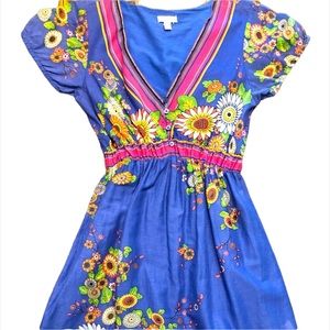 Maurices Super Cute BOHO Dress BLUE w/Bright Orange Yellow Pink Flowers SZ XS